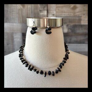 Handcrafted black lava rock iridescent beaded necklace earring set whimsigoth